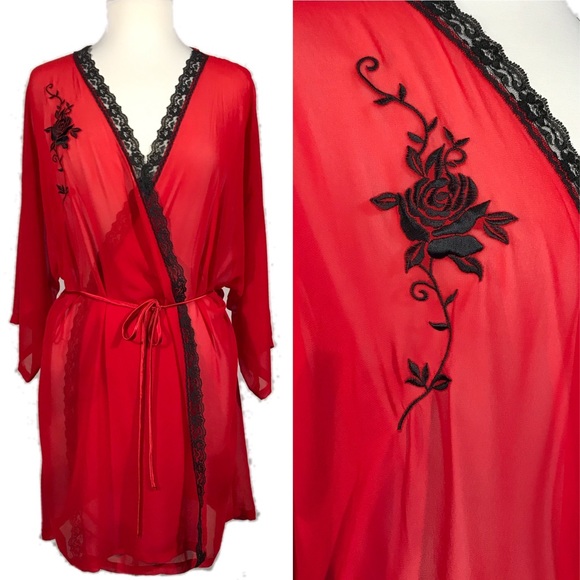 Vintage Other - 🔖SOLD🔖 Vintage Red Sheer Rose Detail Short Robe Vintage Other - 🔖SOLD🔖 Vintage Red Sheer Rose Detail Short Robe